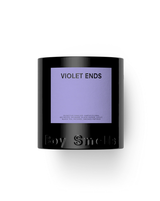 Black candle with purple label featuring 'Violet Ends' on a white background