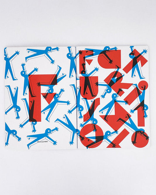Abstract design with blue and red shapes on a white background