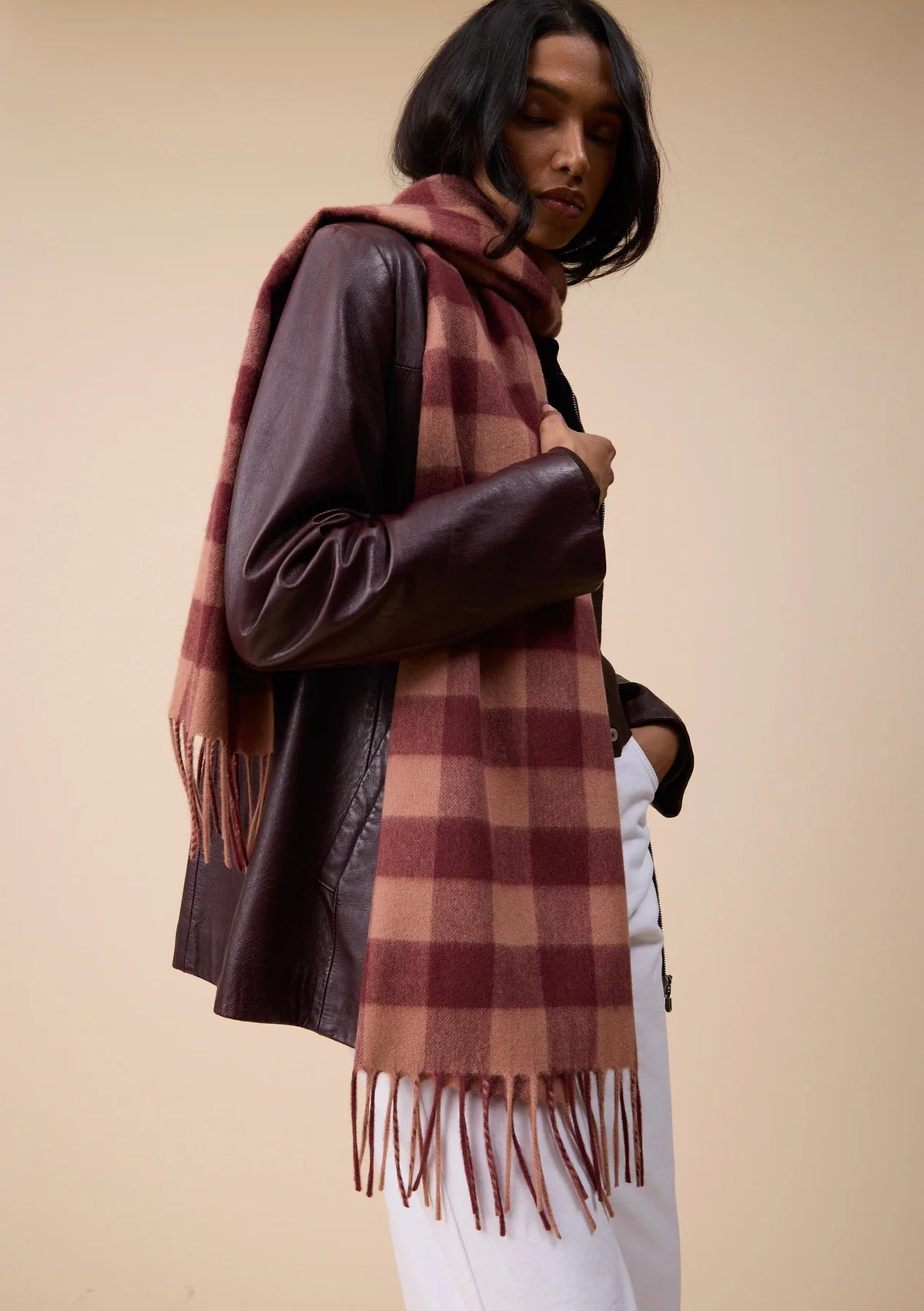 Lambswool Oversized Scarf in Fig Gingham