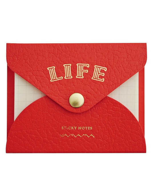 Red envelope-shaped sticky notes holder with 'LIFE' text on a white background
