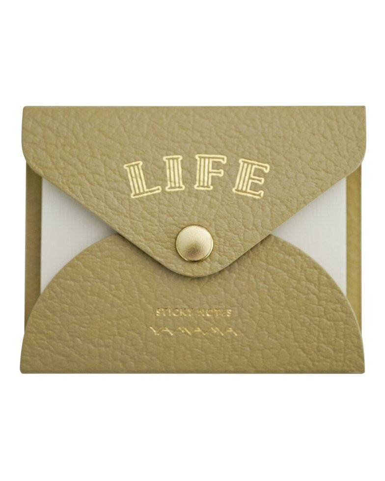 Small beige pouch with 'LIFE' text and a button on a white background