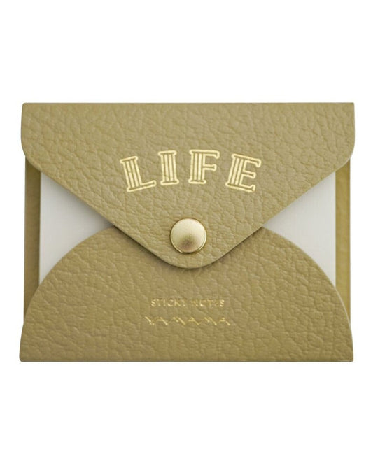 Small beige pouch with 'LIFE' text and a button on a white background