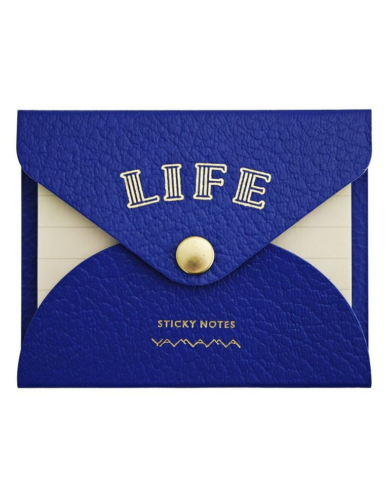 Blue envelope-shaped sticky notes with 'LIFE' text on a white background