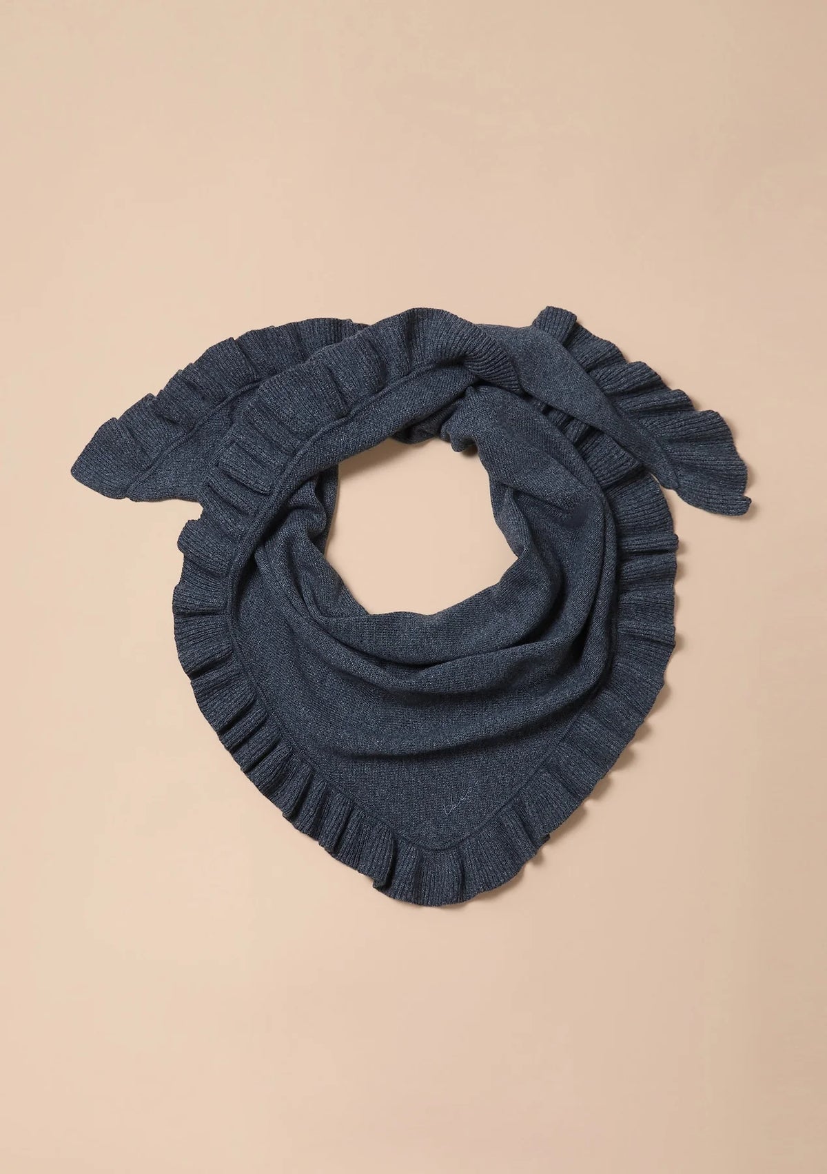 Large Merino Wool Triangle Scarf in Grey Ruffle