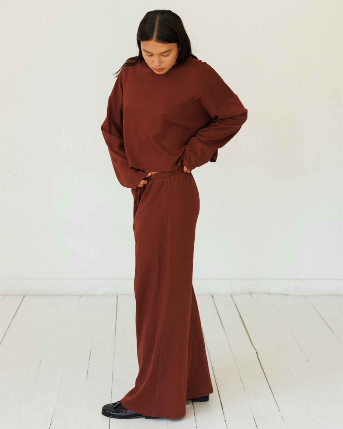 Pointelle Top in Oxblood - styled