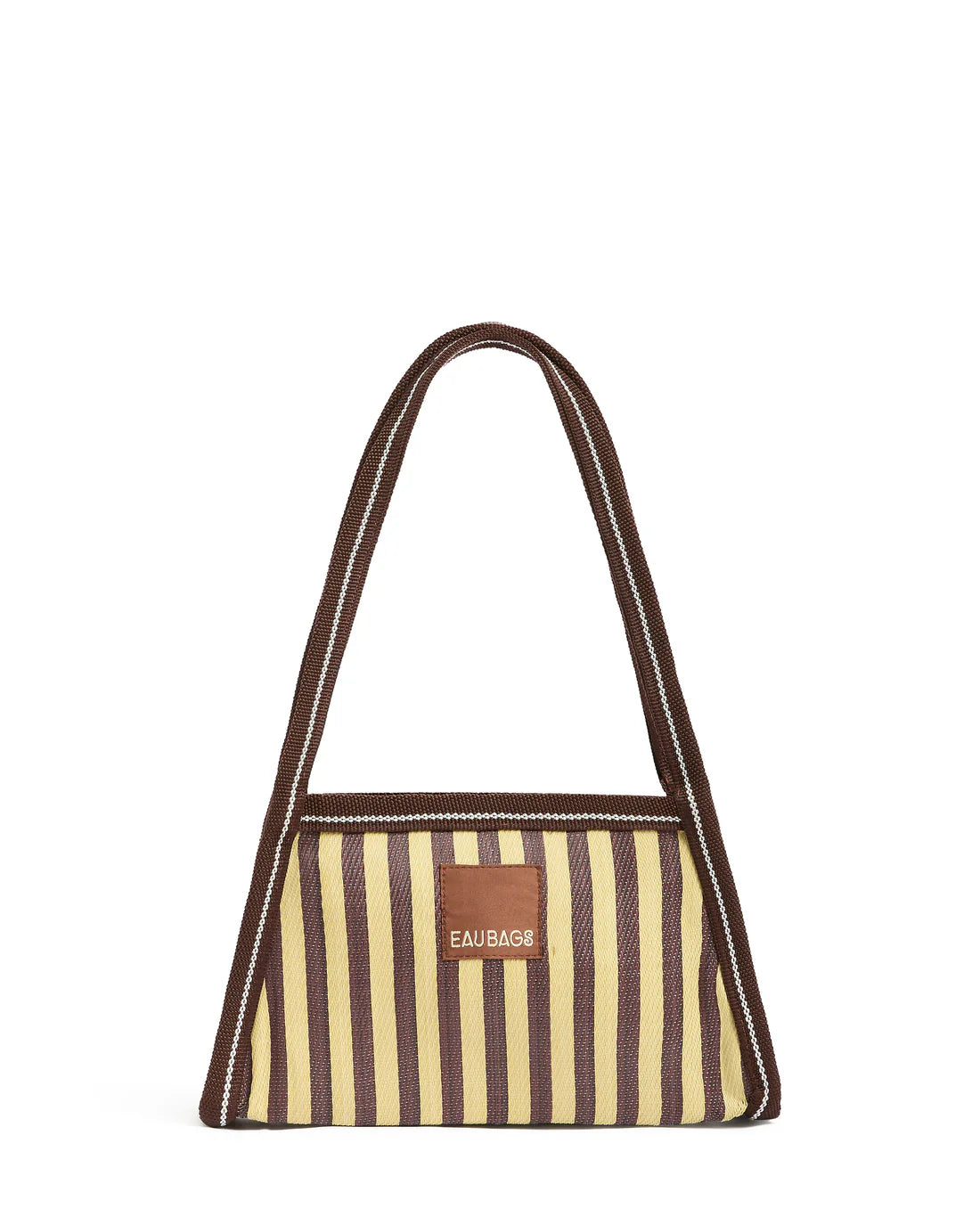 Striped handbag with a visible brand logo on a white background