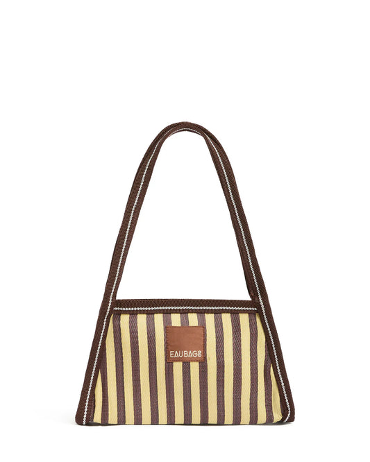 Striped handbag with a visible brand logo on a white background