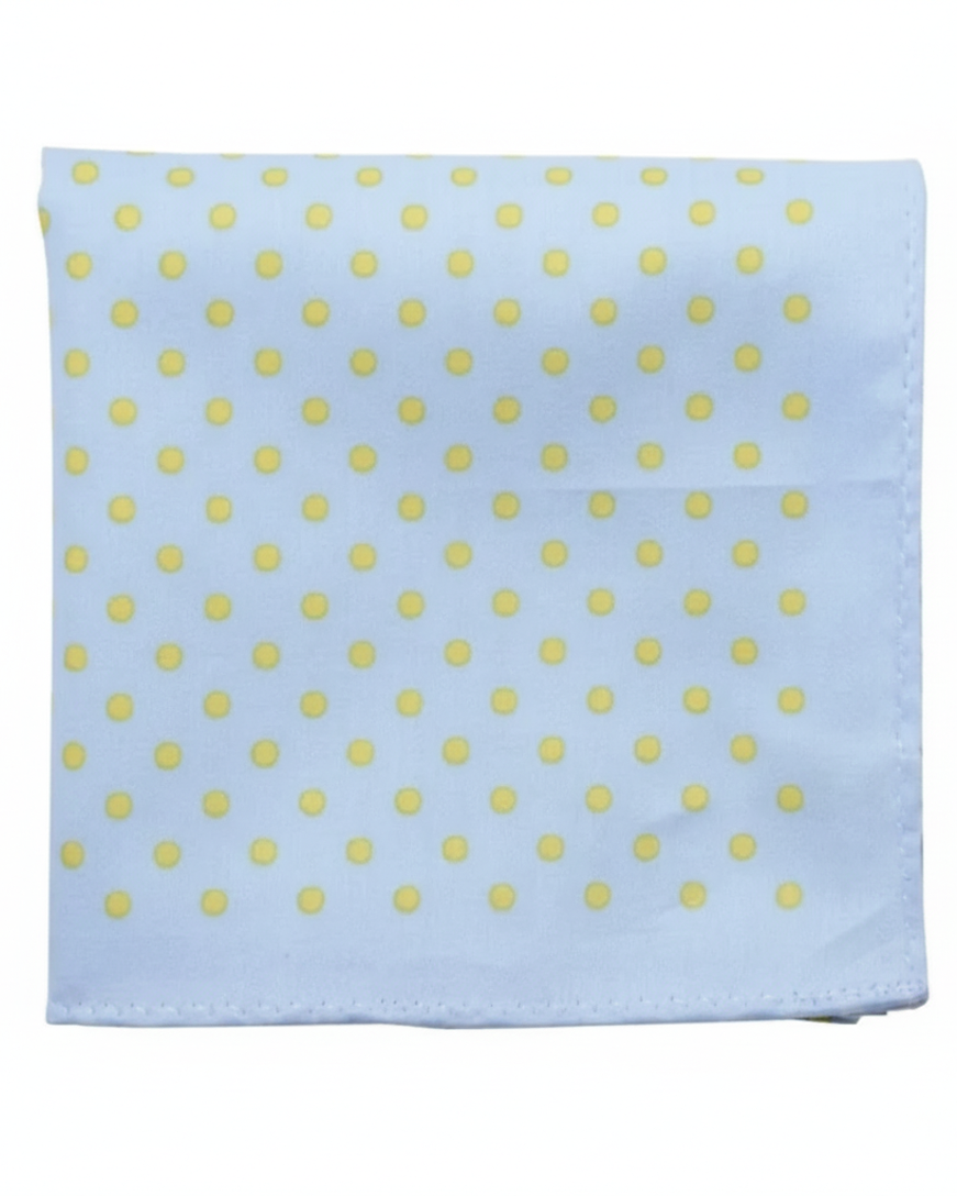A square light blue fabric item, likely a baby blanket or cloth, featuring a repeating pattern of small yellow polka dots, shown against a plain white background.