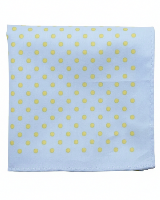 A square light blue fabric item, likely a baby blanket or cloth, featuring a repeating pattern of small yellow polka dots, shown against a plain white background.