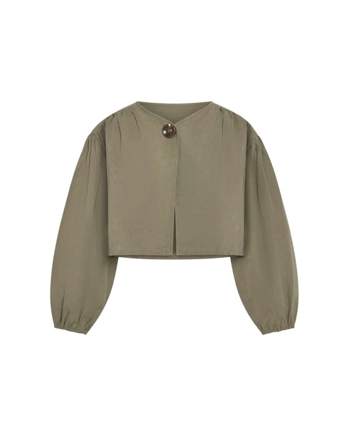An olive green cropped long-sleeve blouse with a single decorative button at the neckline, displayed on a clean white background.