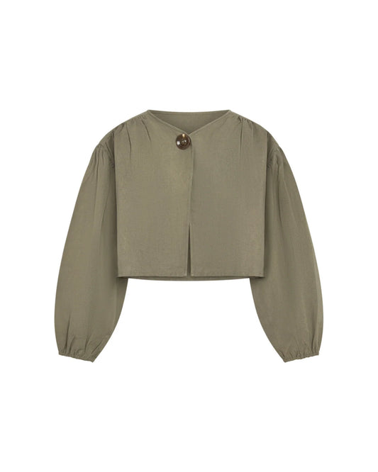 An olive green cropped long-sleeve blouse with a single decorative button at the neckline, displayed on a clean white background.