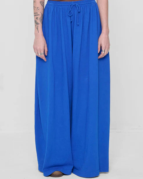 Person wearing blue wide-leg pants on a plain background