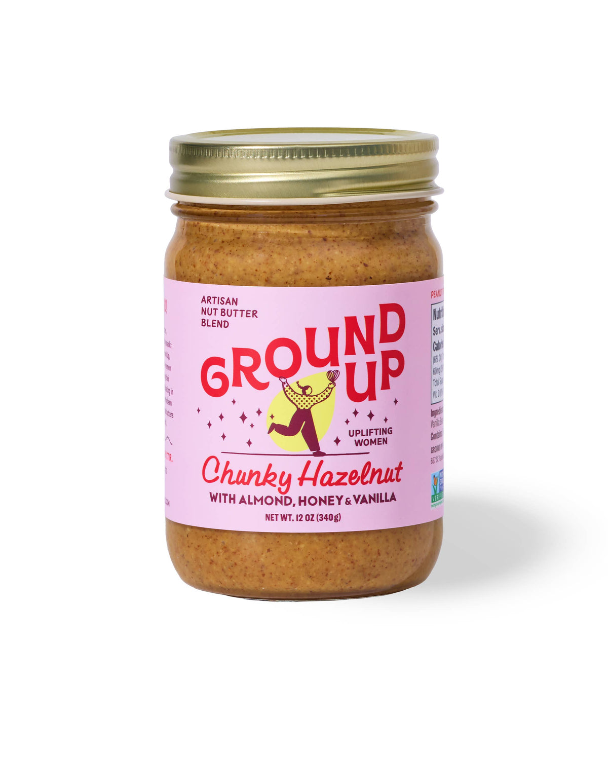 Jar of Ground Up Chunky Hazelnut nut butter with pink label on a white background