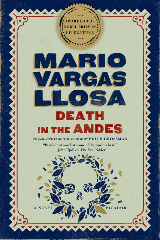 Book cover of 'Death in the Andes' by Mario Vargas Llosa with decorative elements and a诺贝尔Prize badge.