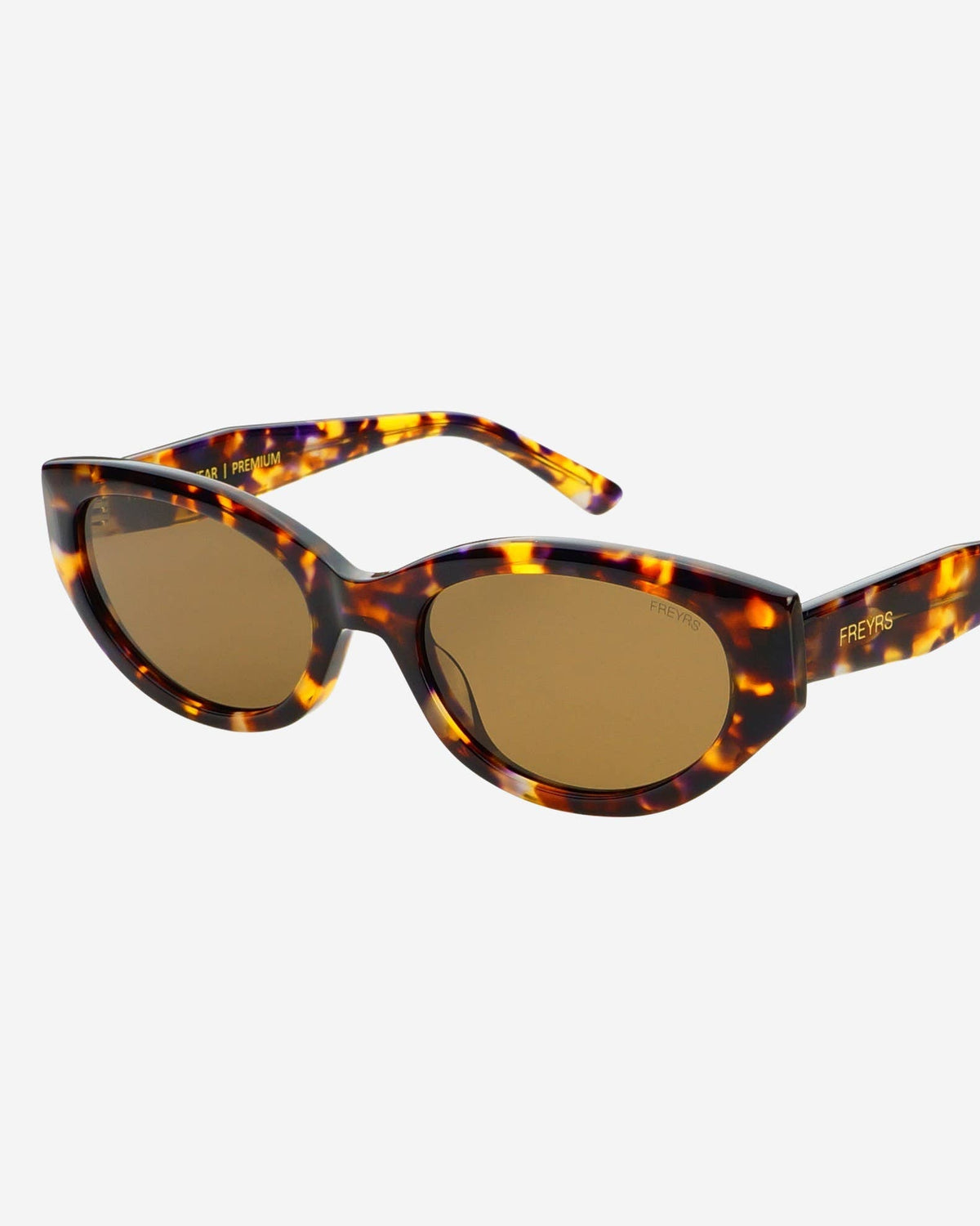 Sunglasses with tortoiseshell frame and brown lenses on a white background
