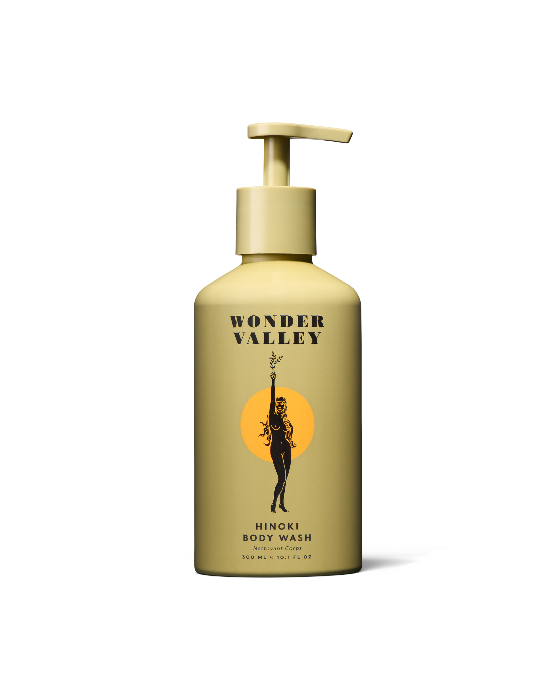 Yellow bottle of Wonder Valley body wash on a white background