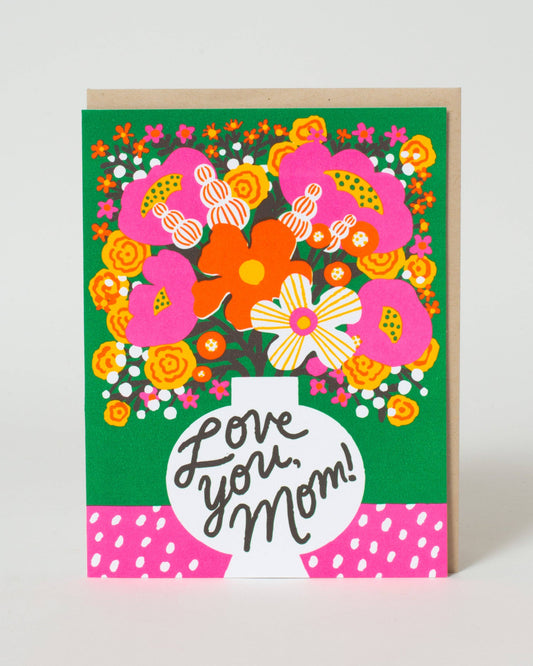 Colorful card with floral design and 'Love you, Mom!' text on a white background