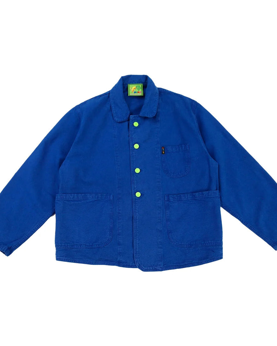 A bright blue utility jacket with lime green buttons, a chest pocket, and two large front patch pockets, laid flat against a white background.