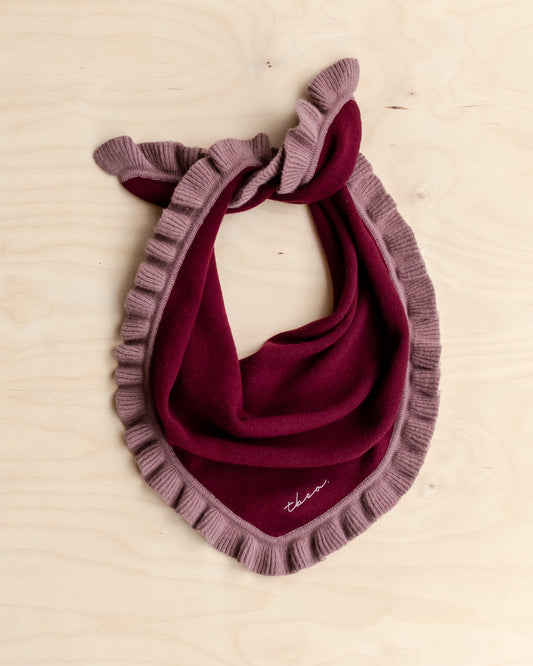 Merino wool triangle scarf in Burgundy Ruffle, flat lay