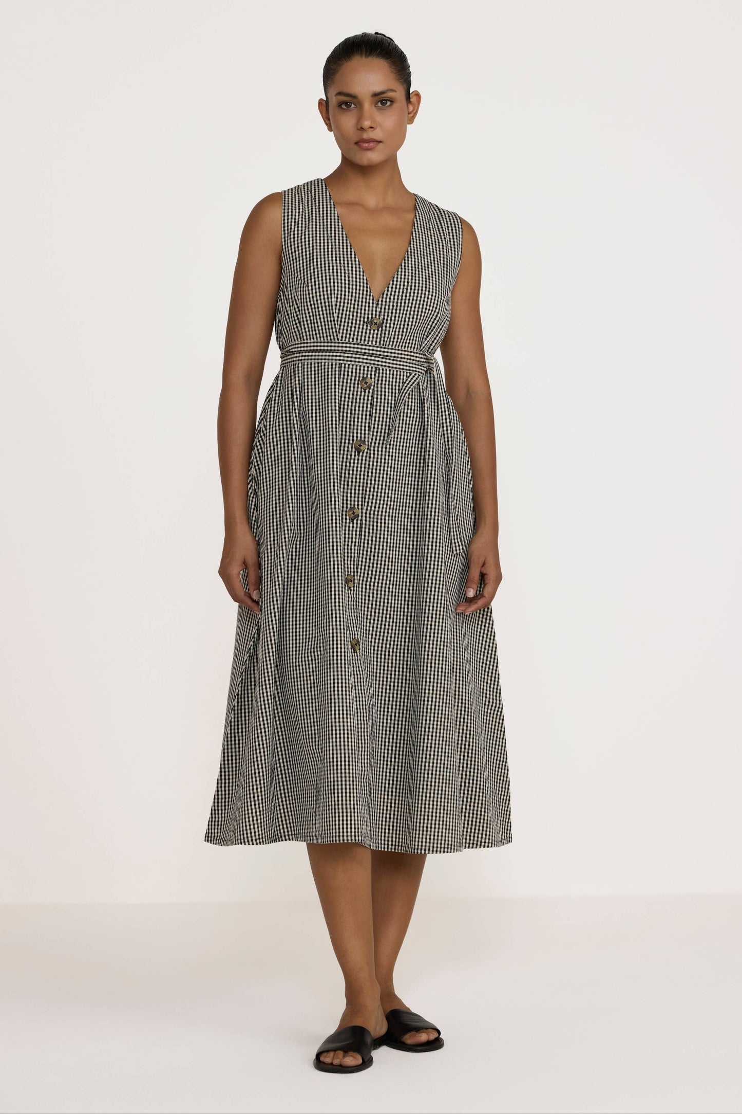 V Neck Midi Dress - Gingham