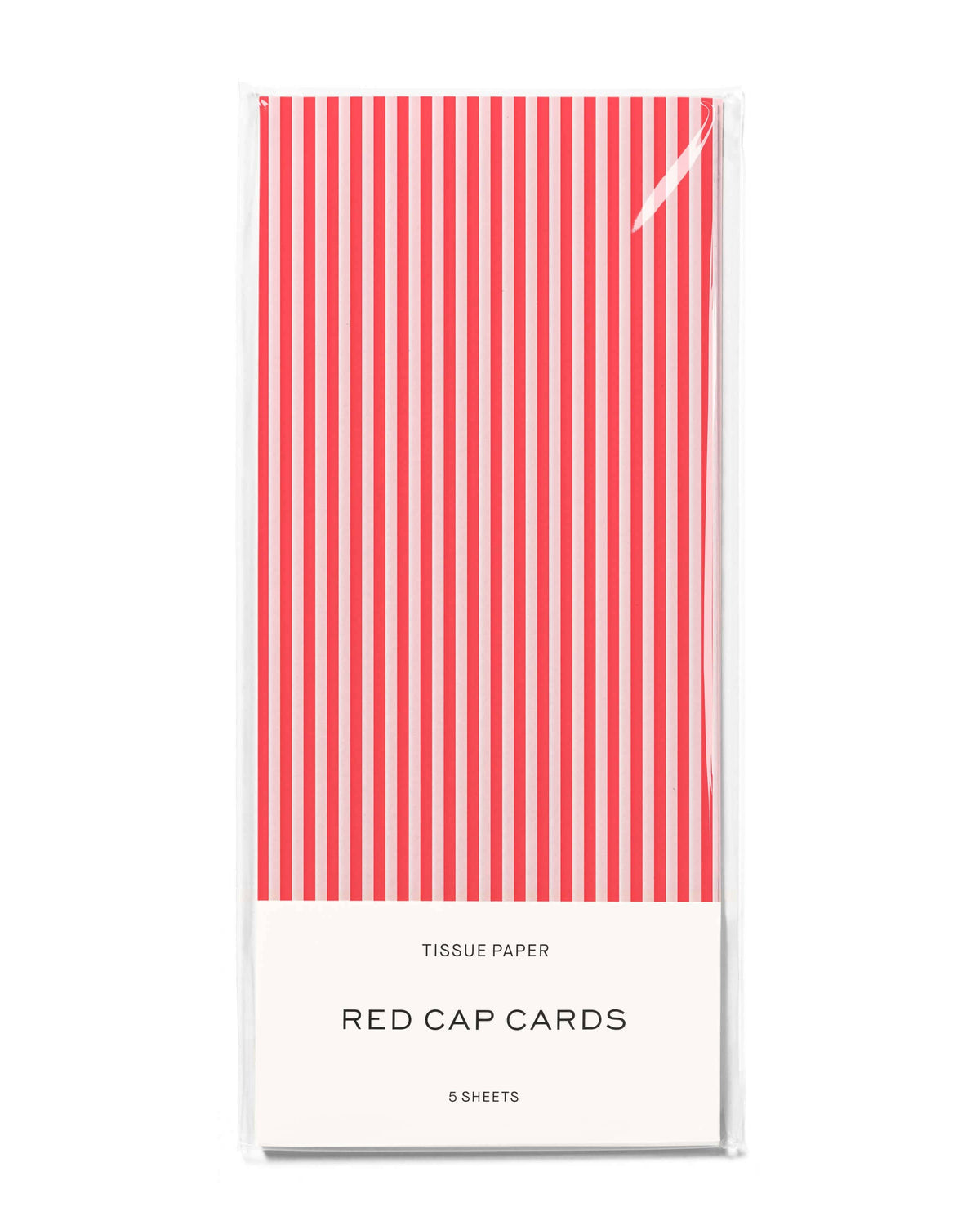 Tissue paper with red vertical stripes on a white background, branded 'Red Cap Cards'.