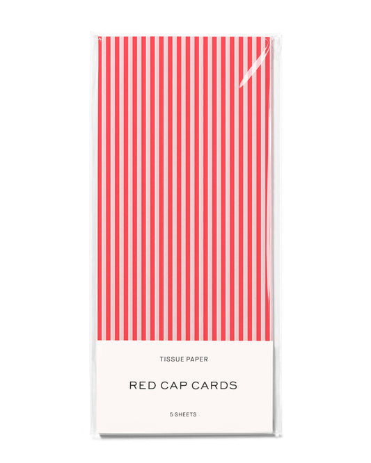 Tissue paper with red vertical stripes on a white background, branded 'Red Cap Cards'.
