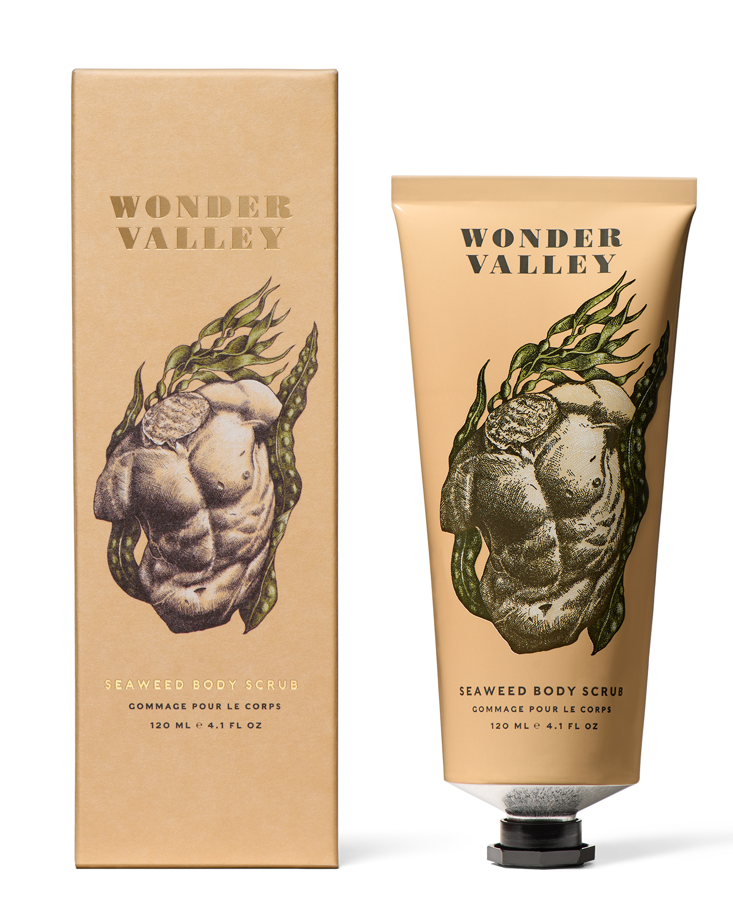 Seaweed body scrub packaging with 'Wonder Valley' branding on a white background
