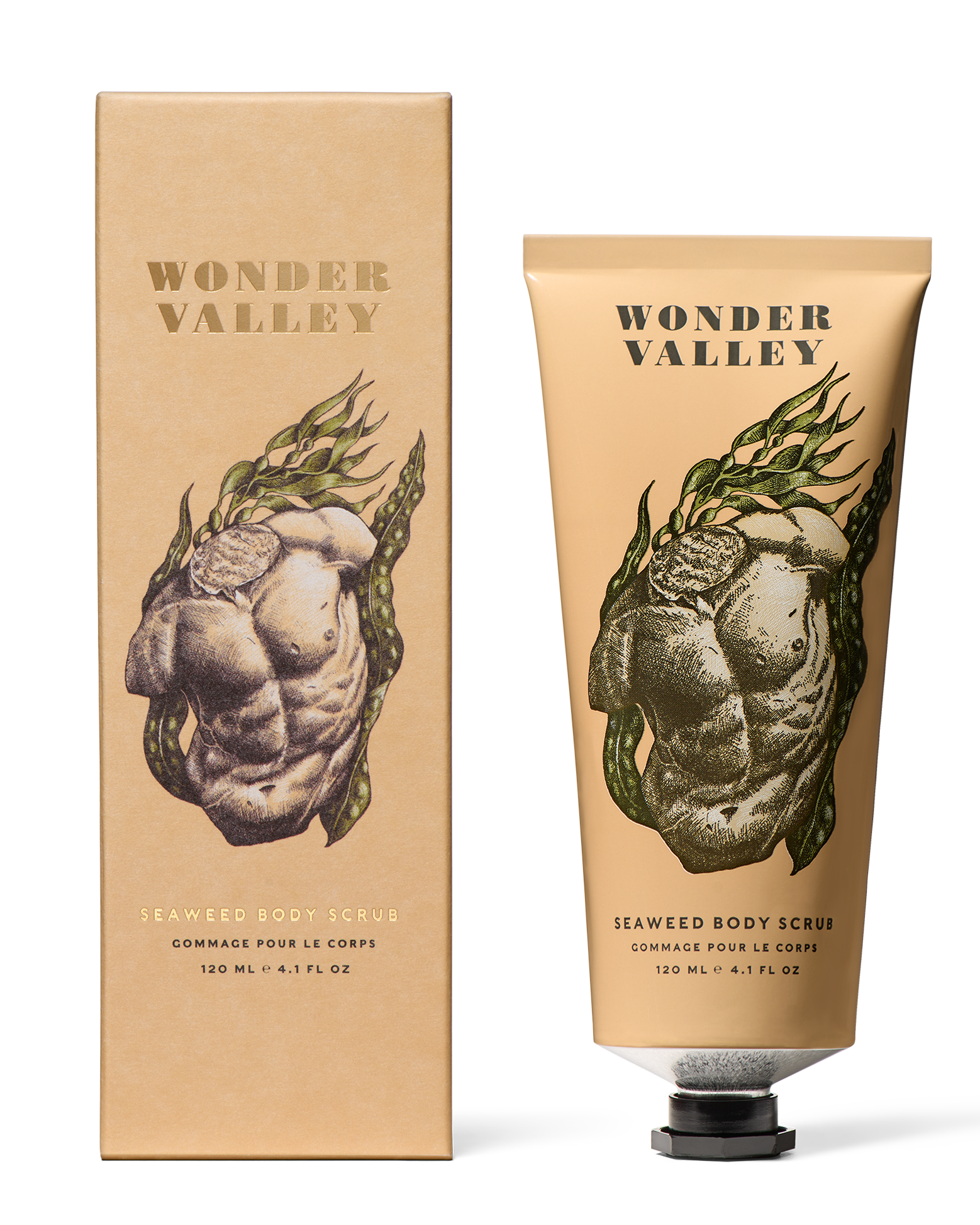 Seaweed body scrub packaging with 'Wonder Valley' branding on a white background