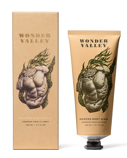 Seaweed body scrub packaging with 'Wonder Valley' branding on a white background