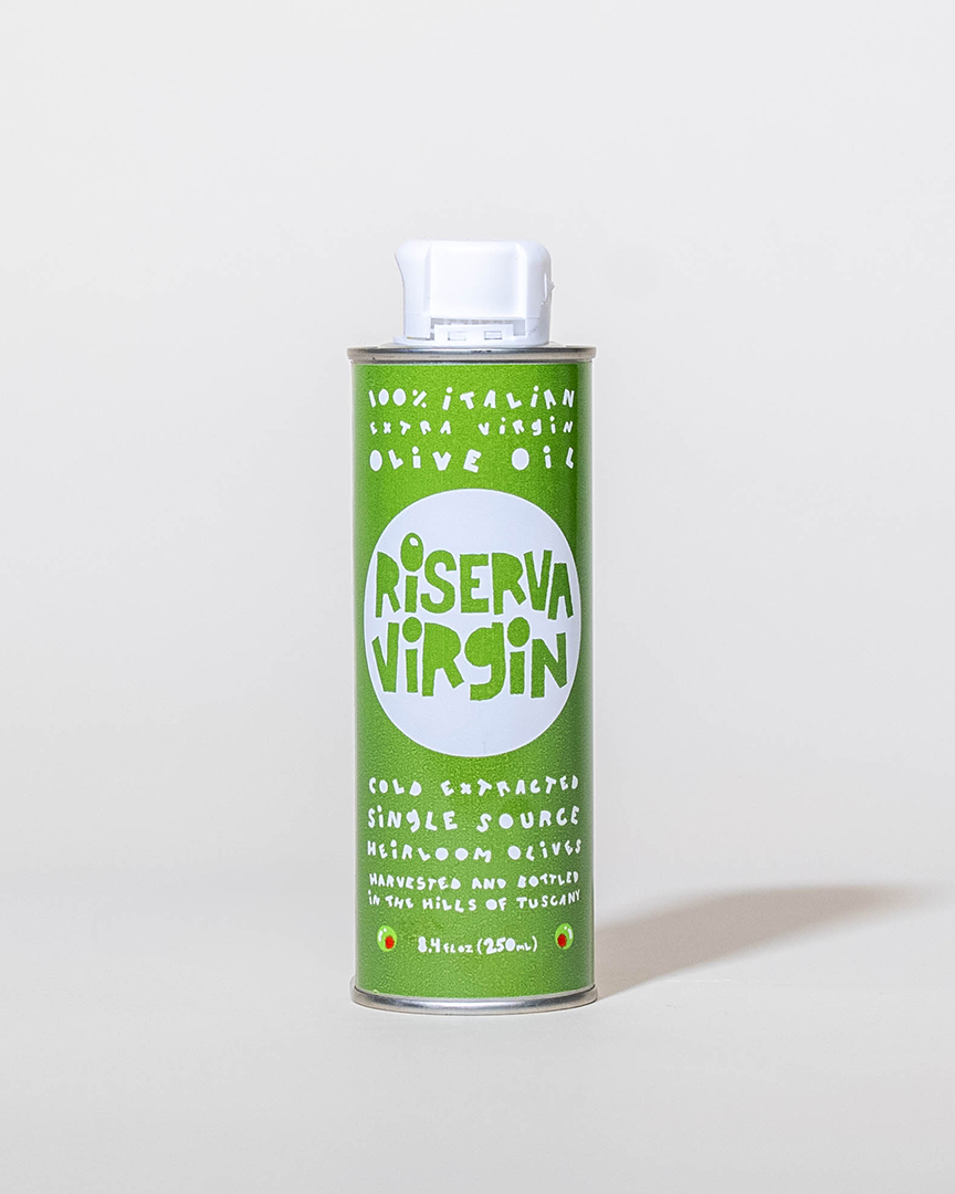 Can of Riserva Virgin olive oil on a light gray background