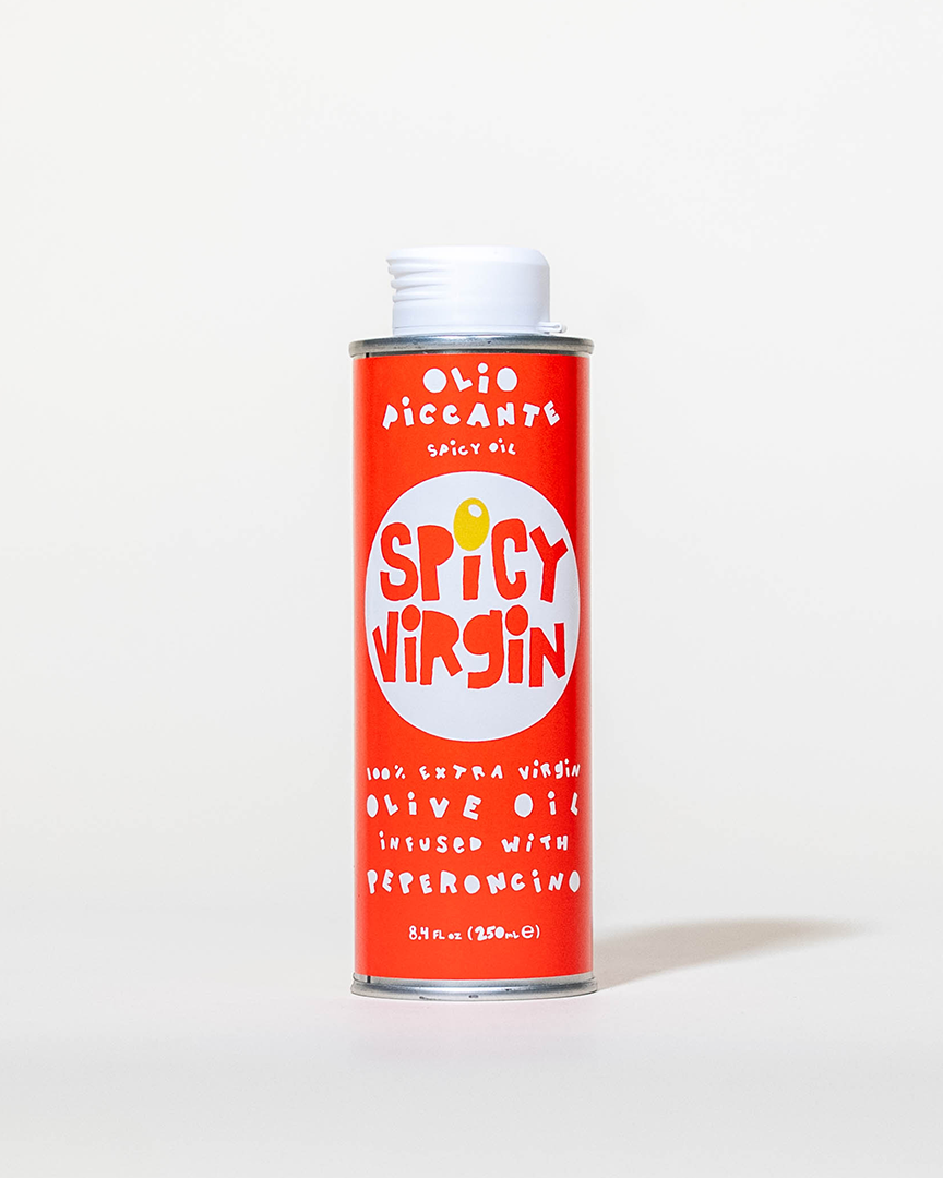 Can of Spicy Virgin olive oil with a red label on a white background