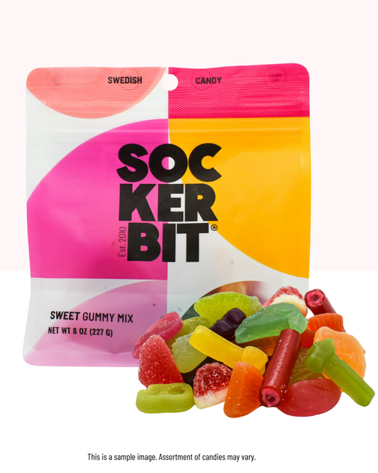 Sockerbit gummy candy package with colorful gummies on a white background