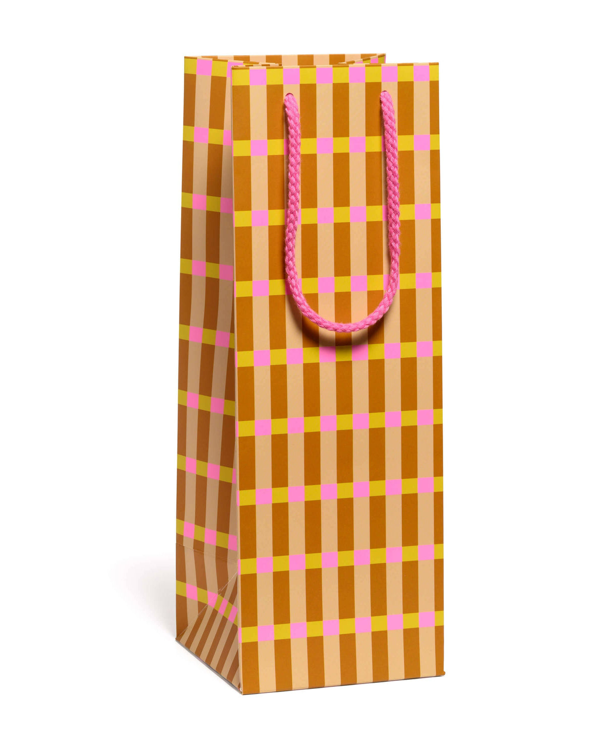 Gift bag with brown and pink plaid pattern on a white background