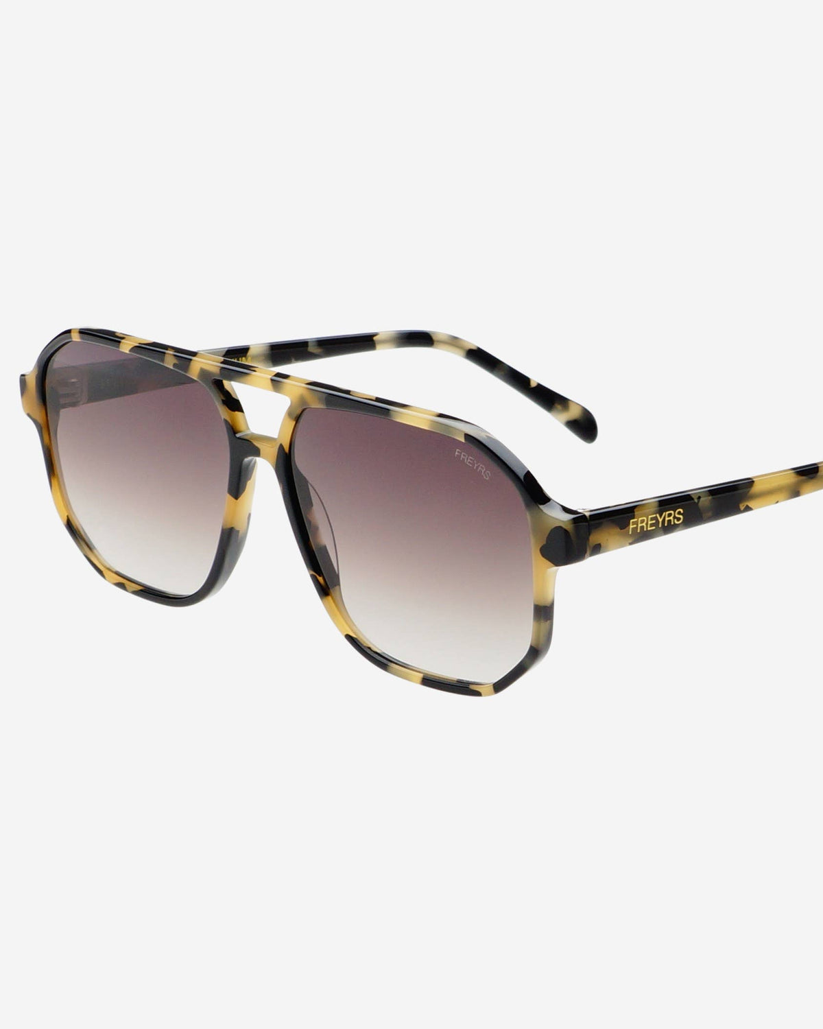 Sunglasses with tortoiseshell frame and gradient lenses on a white background