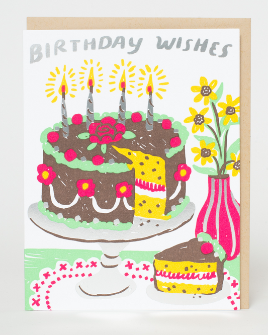 Birthday card with a cake illustration and 'Birthday Wishes' text, featuring letterpress printing.