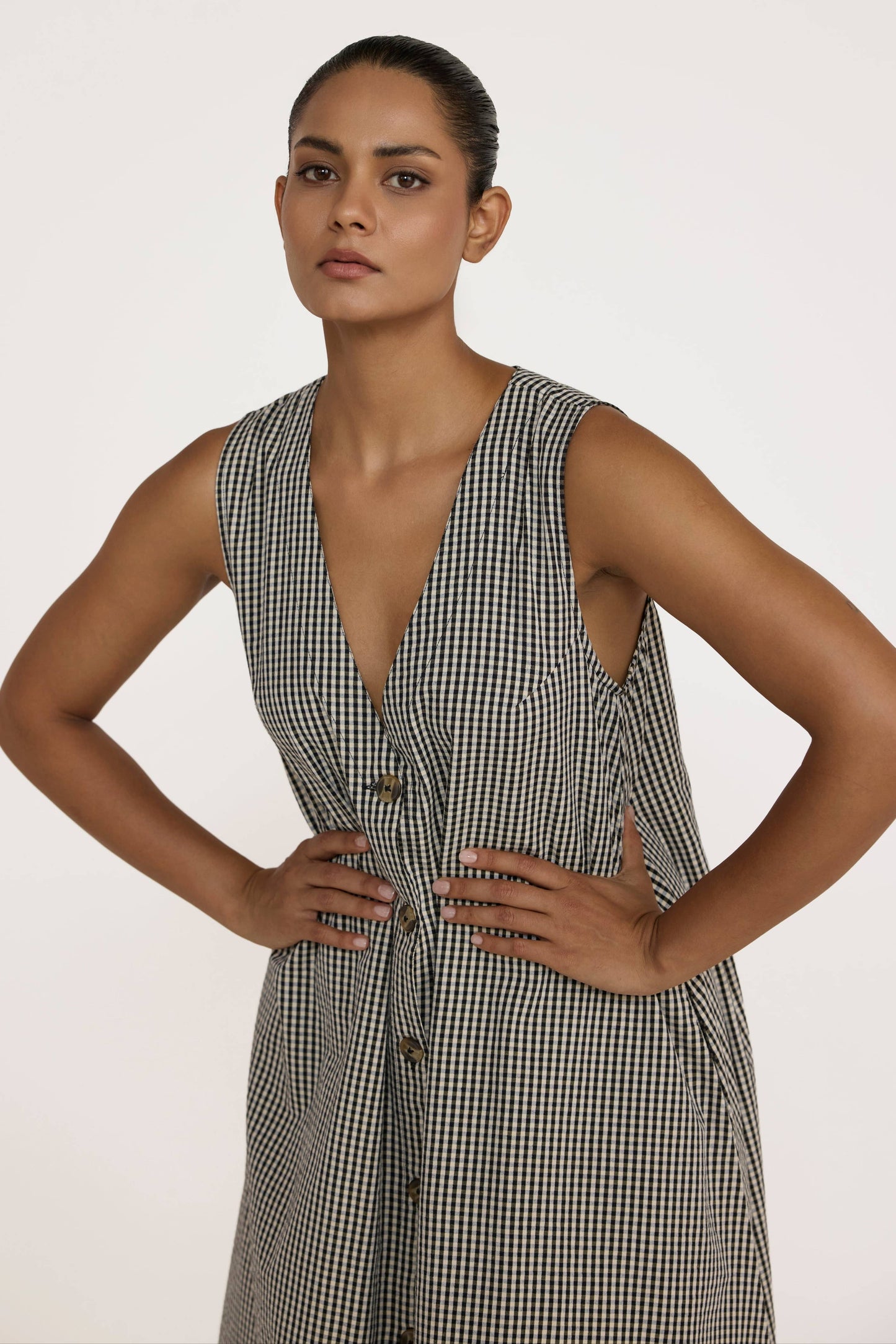 V Neck Midi Dress - Gingham