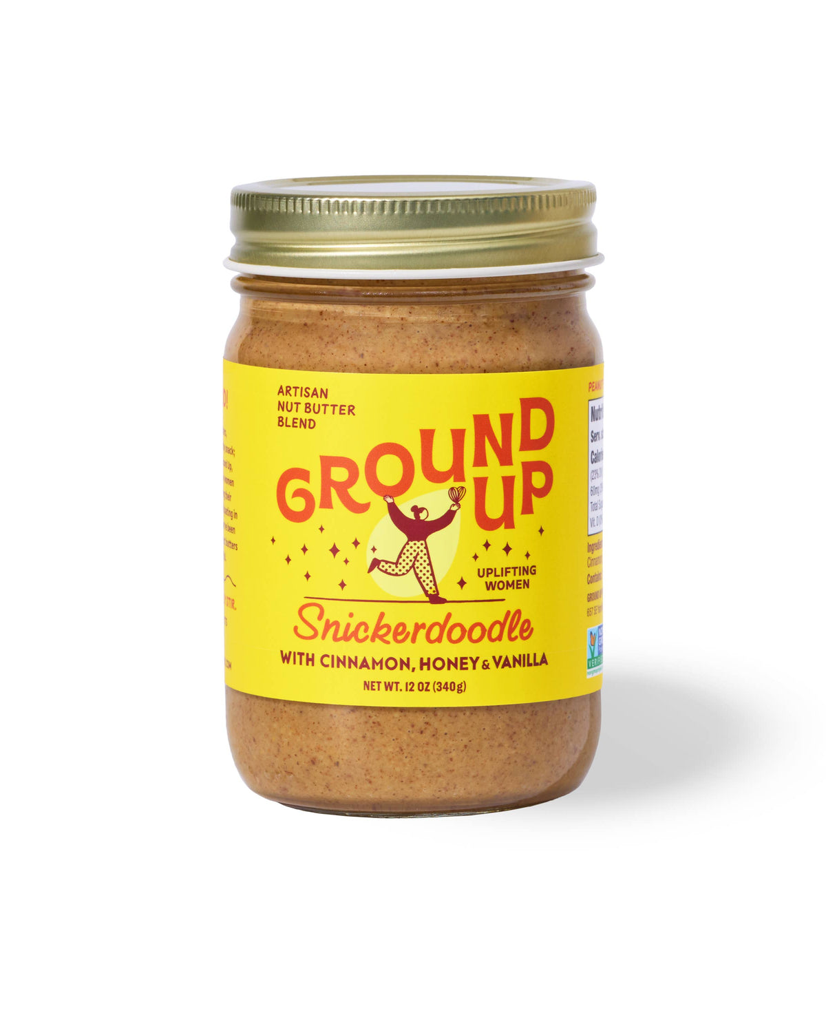 Jar of Ground Up Snickerdoodle flavored nut butter on a white background