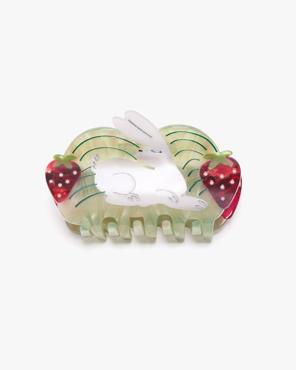Hair clip with a rabbit and strawberry design on a white background
