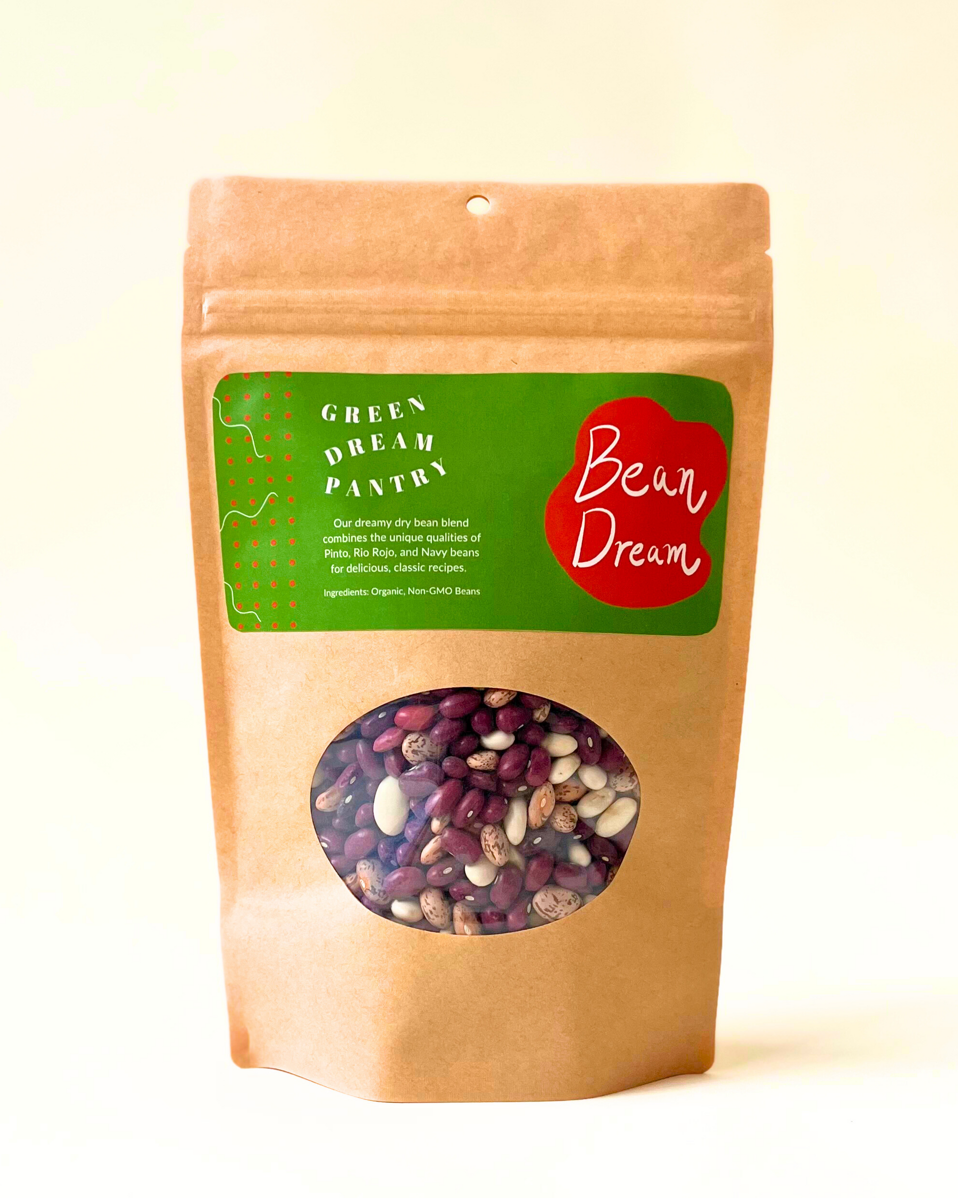 Pouch of dried beans with a green label on a white background