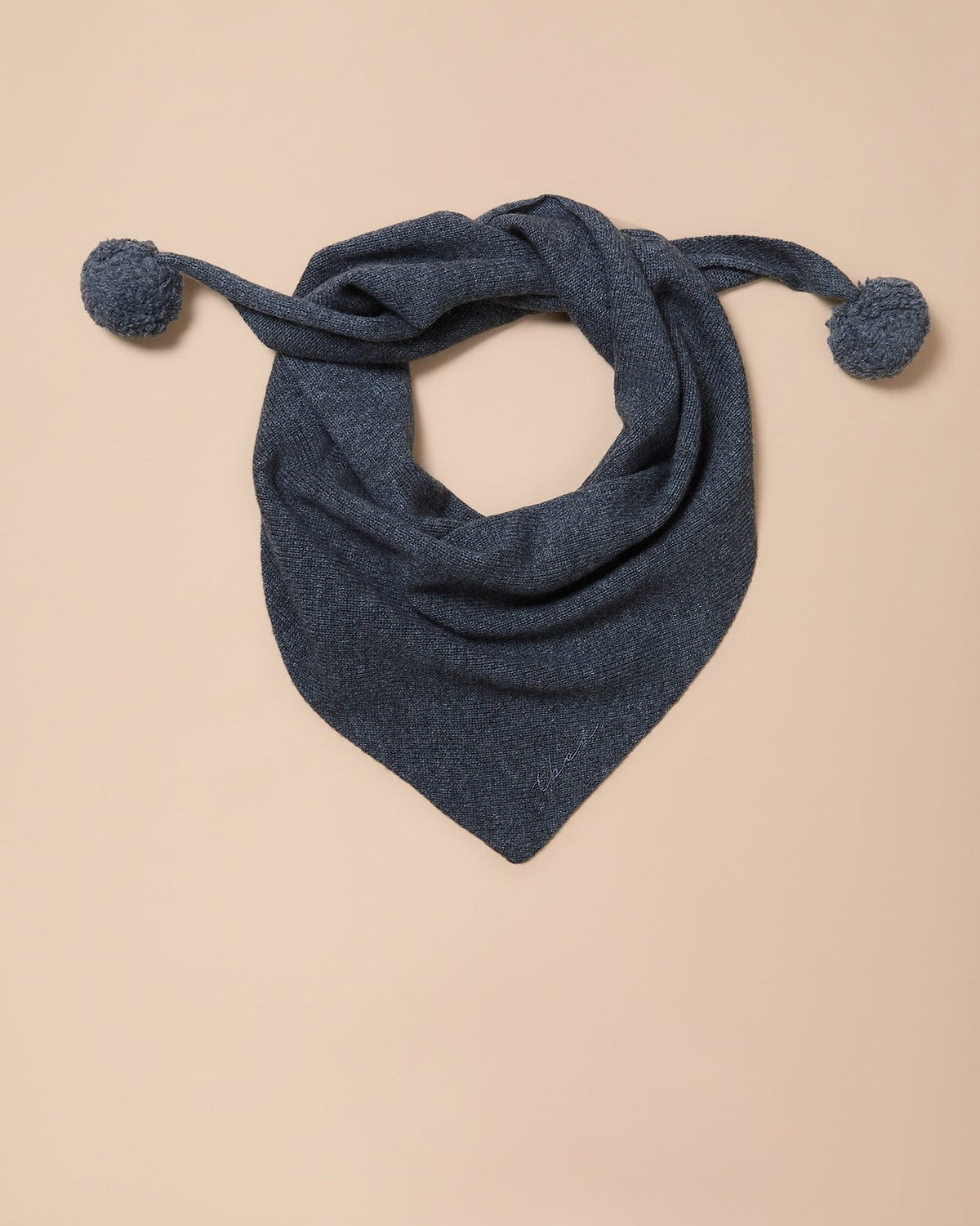 Merino Wool Triangle Scarf in Grey Pompom - product photo