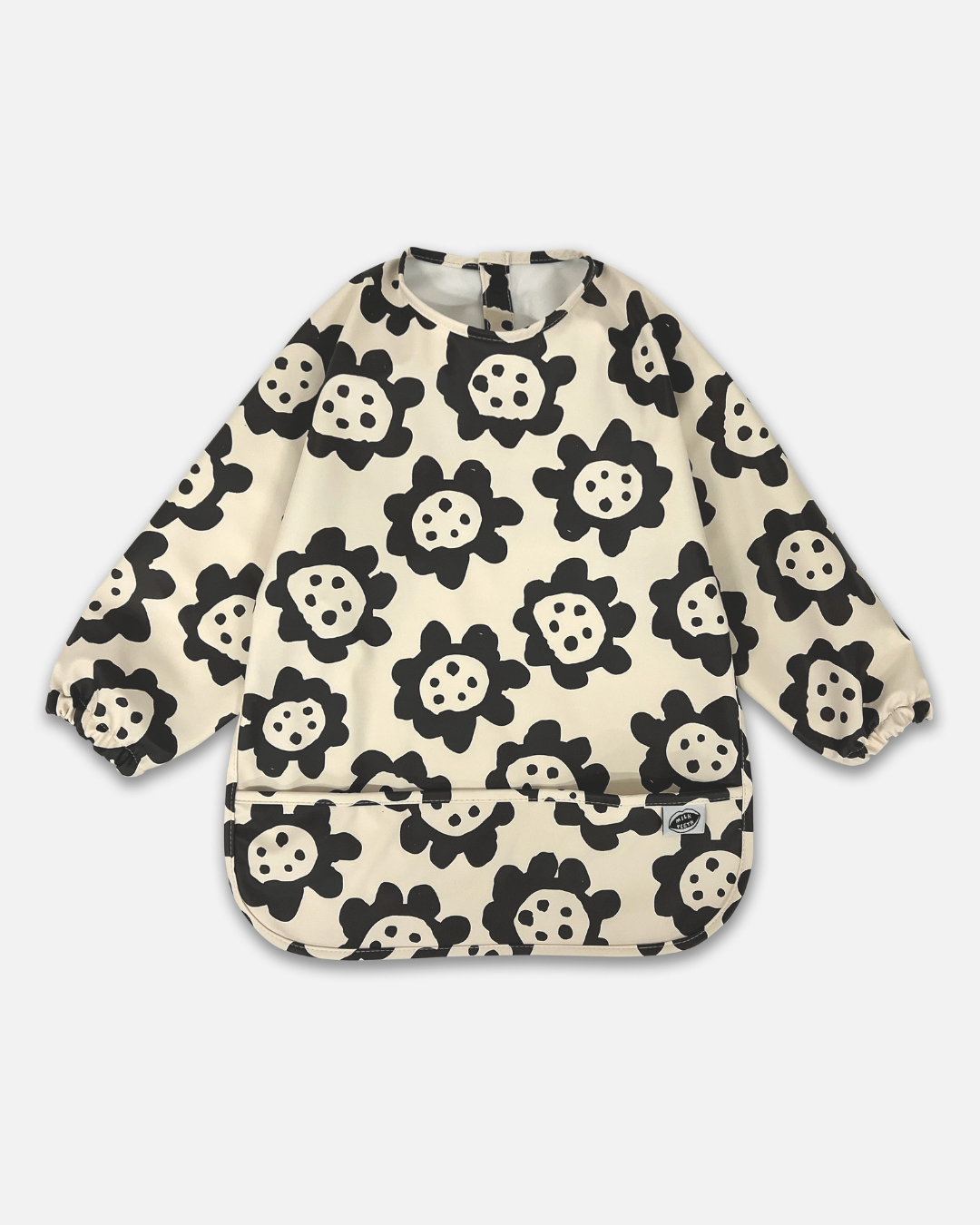 Baby bib with black flower pattern on a white background