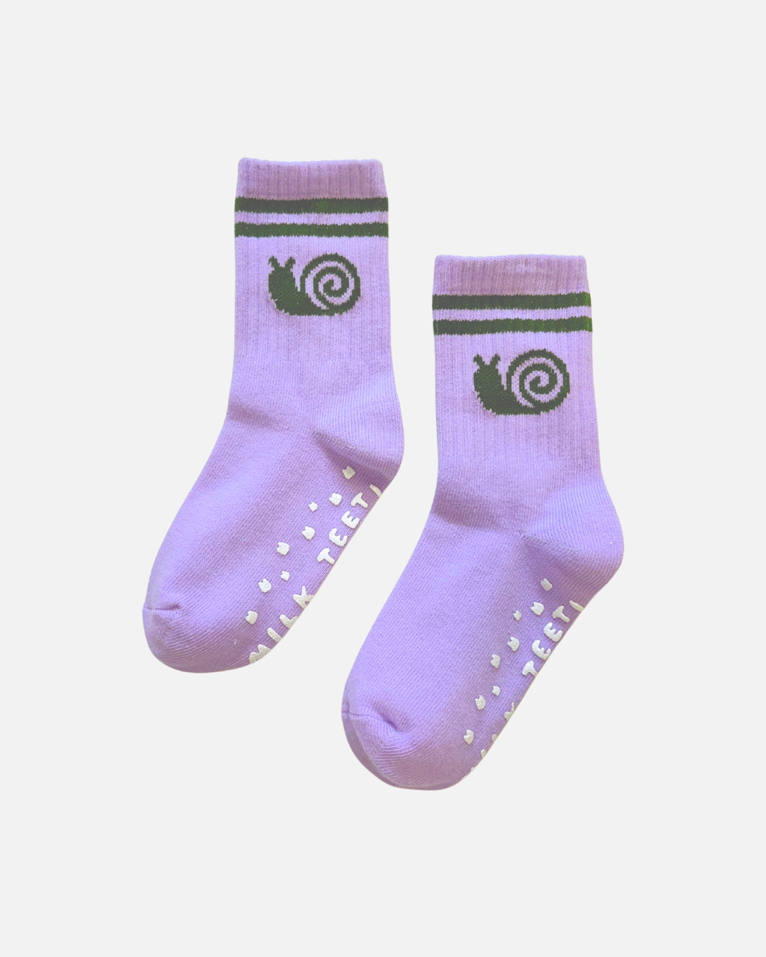 Pair of purple socks with green snail design on a white background