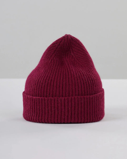 Maroon knit beanie on a light gray background