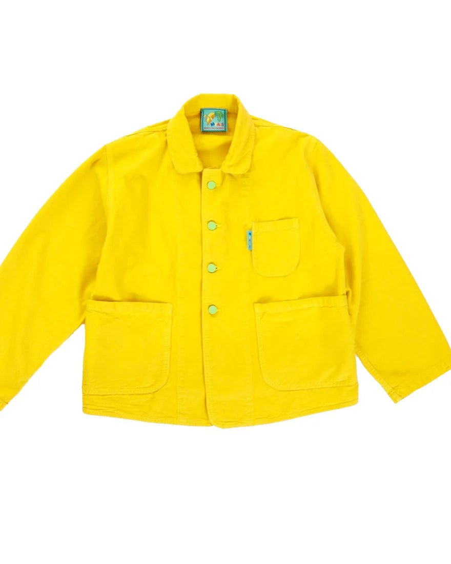 A bright yellow long-sleeve utility jacket with a pointed collar, button-up front, and two front patch pockets, shown flat on a white background.