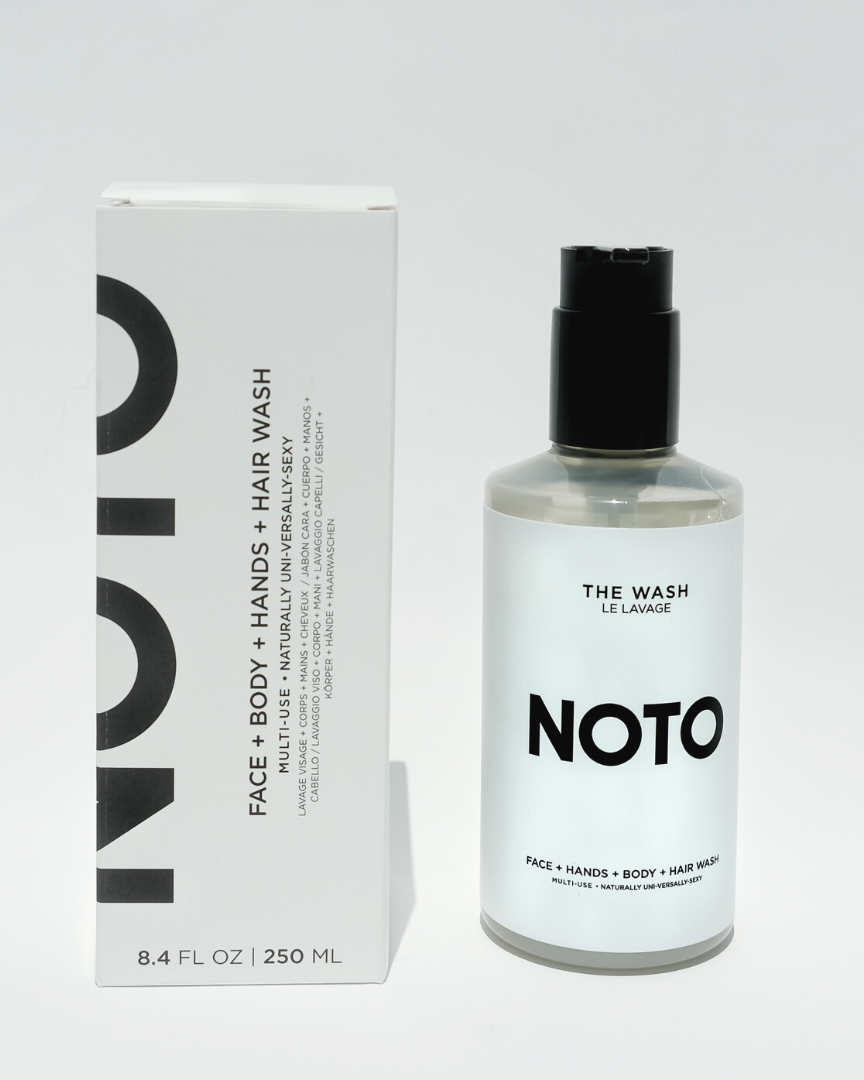 Bottle and packaging of Noto hair wash on a white background