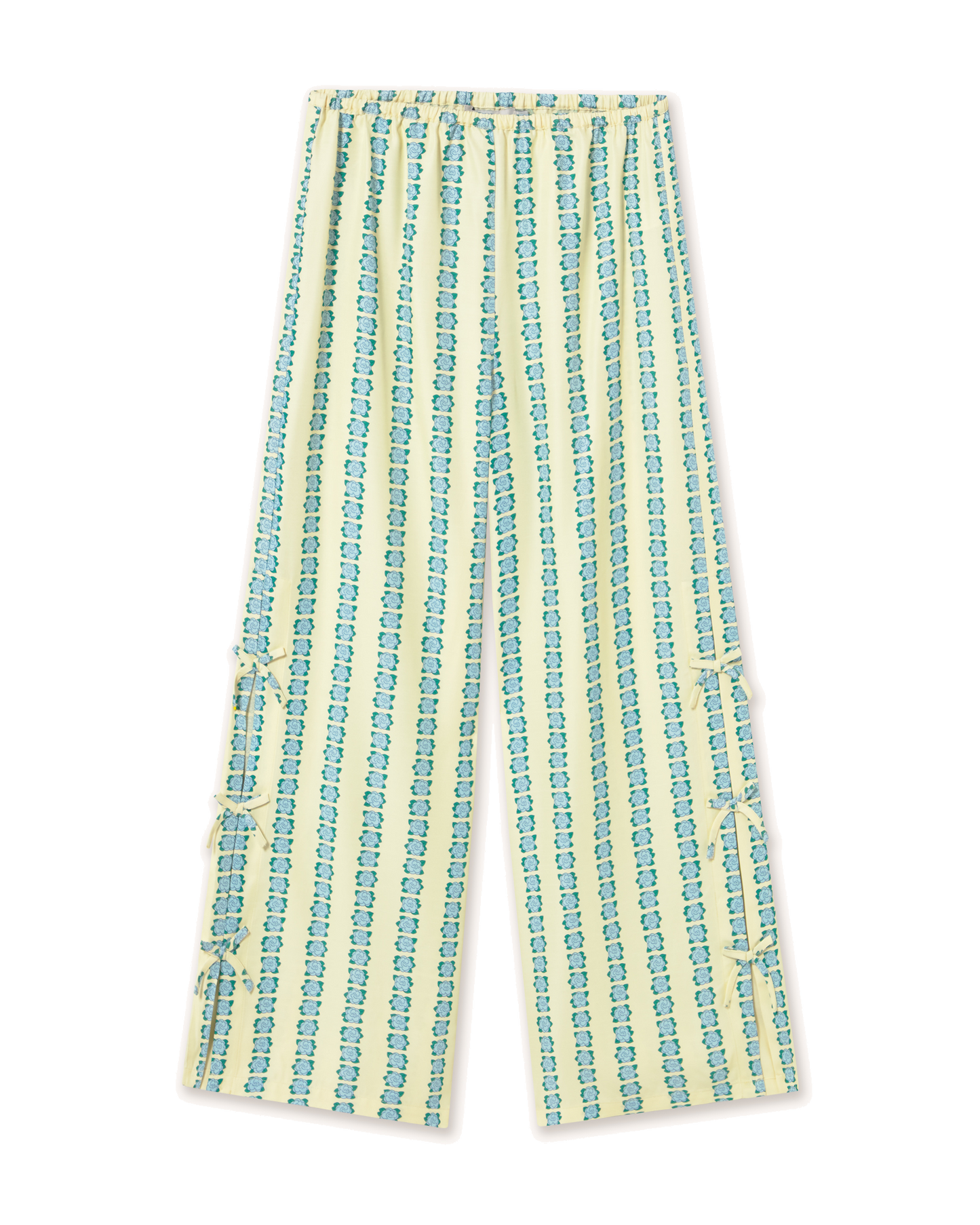 Striped pants with blue and green pattern on a white background