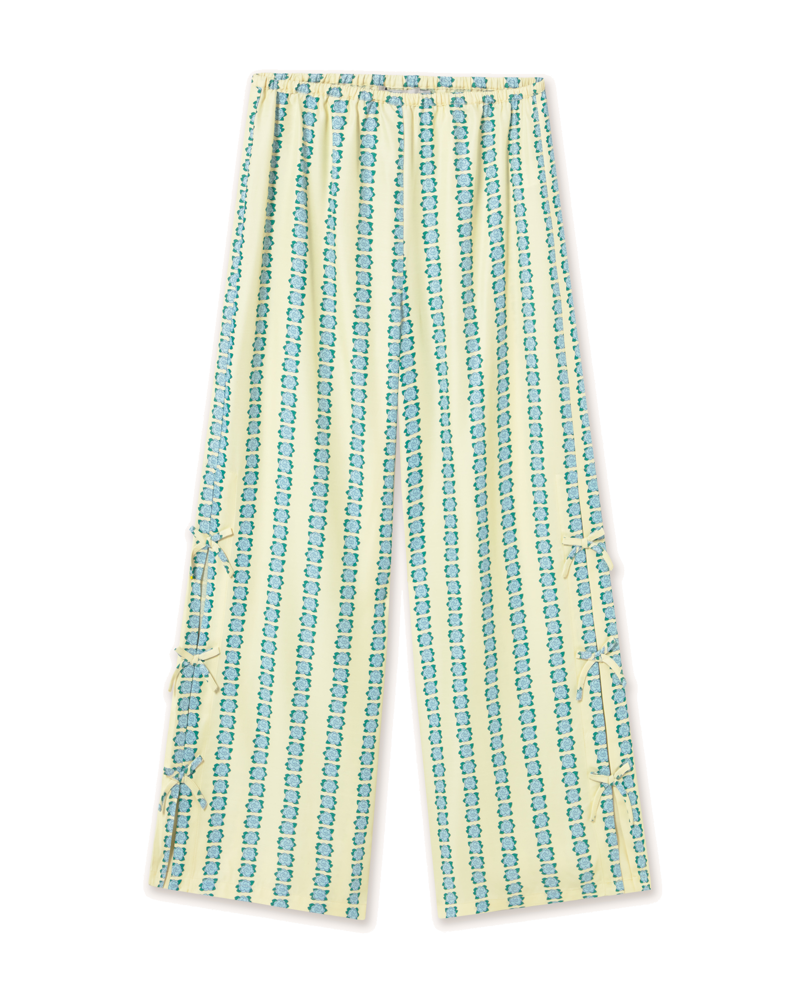 Striped pants with blue and green pattern on a white background