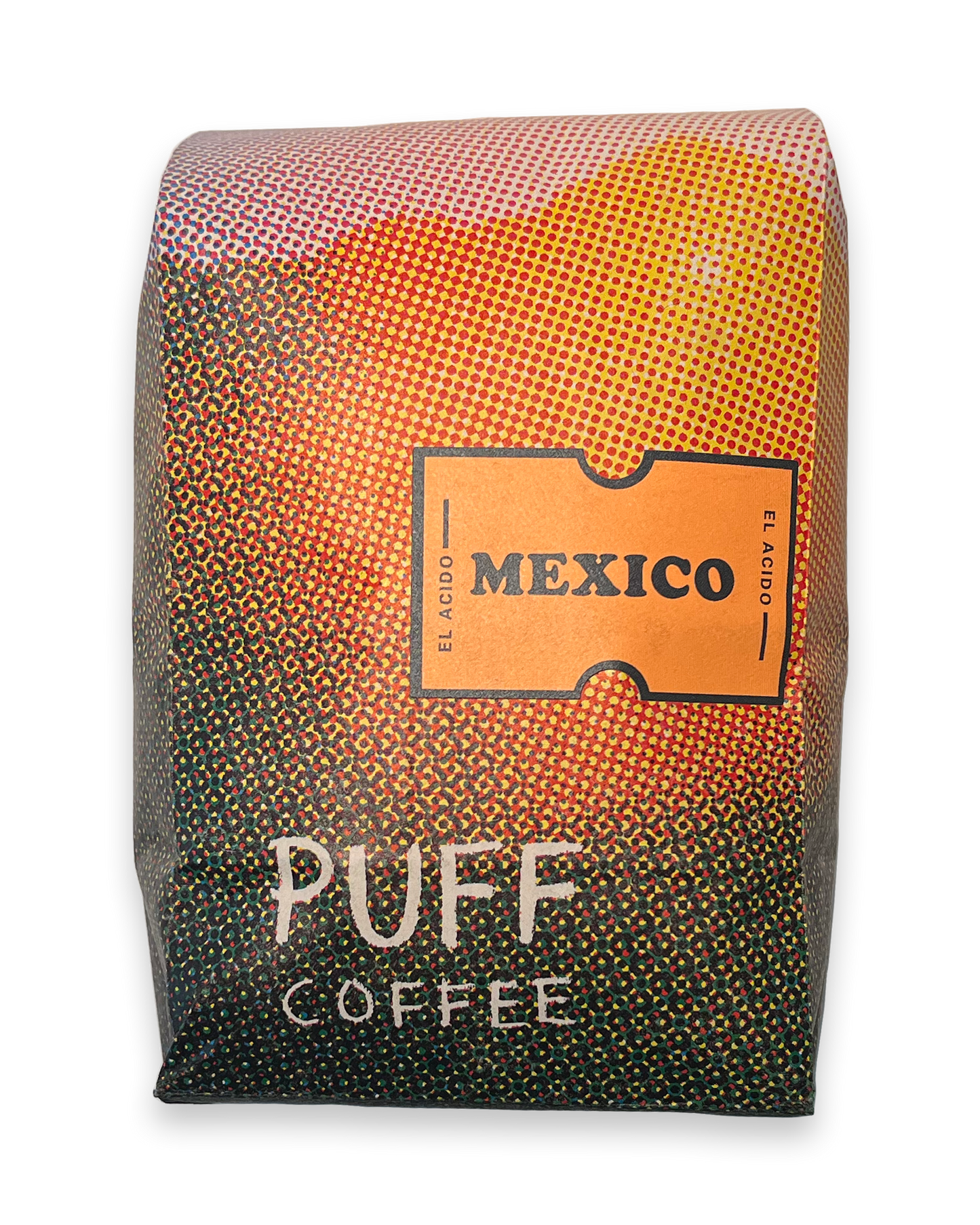 Coffee package with 'Mexico' and 'Puff Coffee' branding on a white background