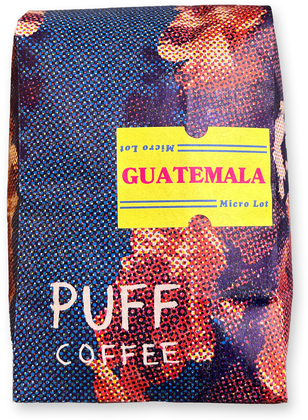 Coffee package labeled 'Guatemala' by 'Puff Coffee' with colorful design