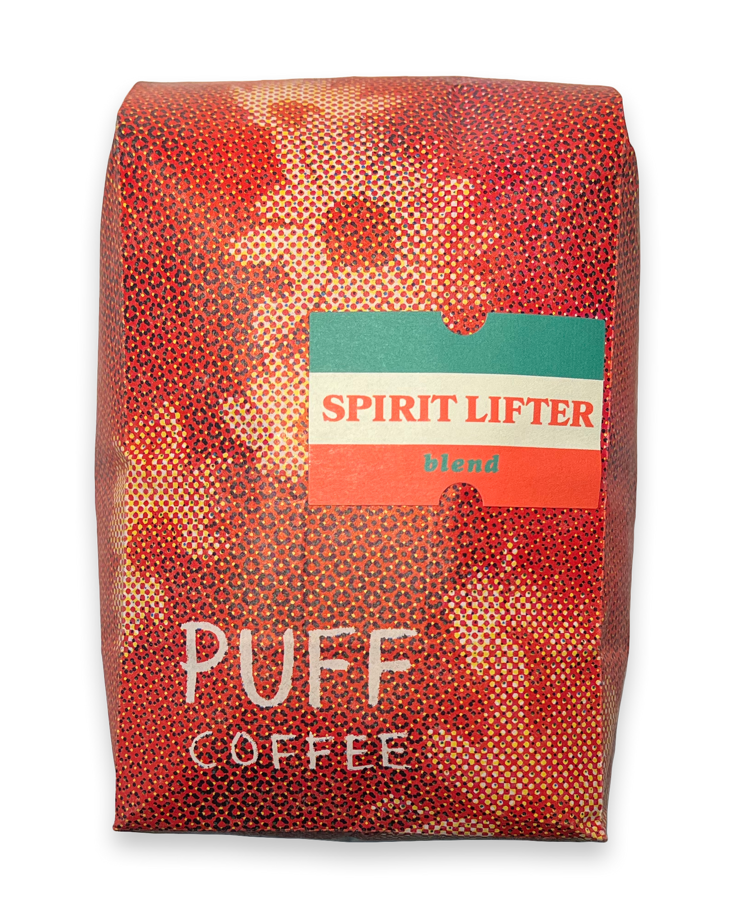 Coffee bag labeled 'Spirit Lifter' by 'Puff Coffee' on a white background